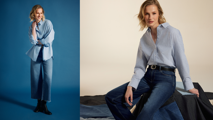 Woman wearing a light blue striped shirt and dark jeans from COJ Denim in two different poses against blue and beige backgrounds.