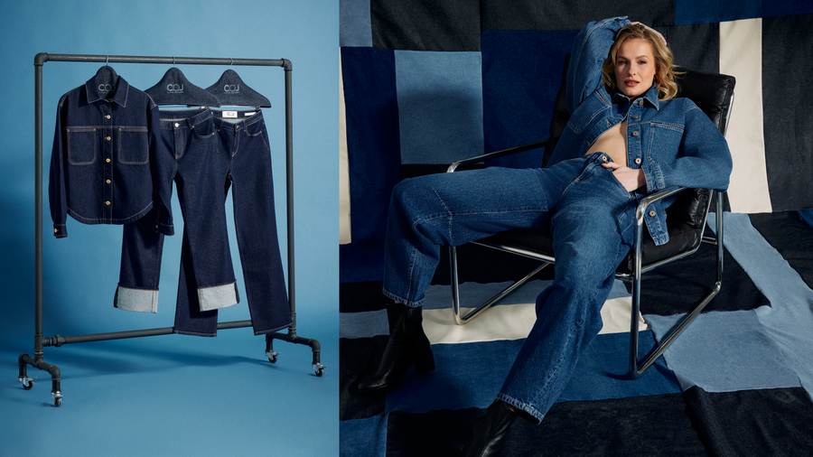 Blue Cup of Joe Denim clothing set on a rack and person wearing denim outfit against a denim patterned wall.