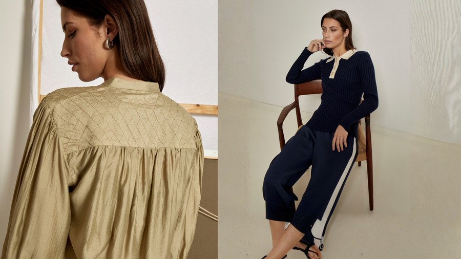 Two women wearing different outfits from the Fall Winter Peppercorn collection in a minimalistic setting.