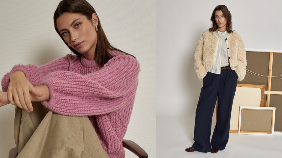 Two women wearing different fall outfits from Peppercorn in a minimalistic setting