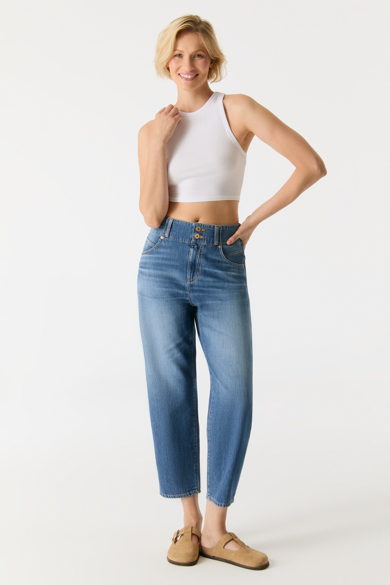 Jasmin High Waisted Cropped Balloon Jeans - Medium Blue L32