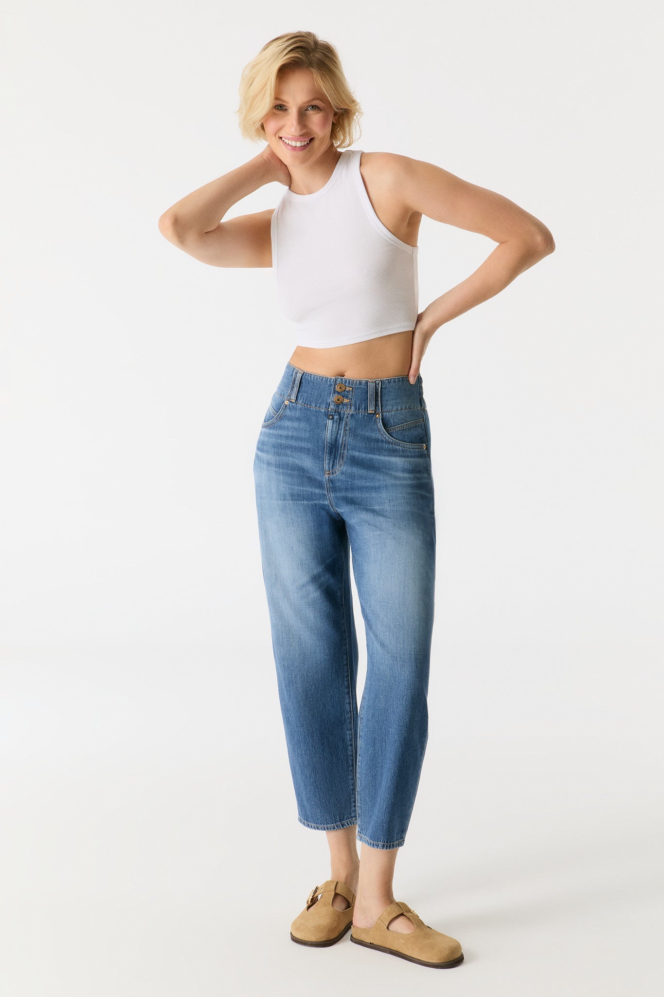 Jasmin High Waisted Cropped Balloon Jeans - Medium Blue L32