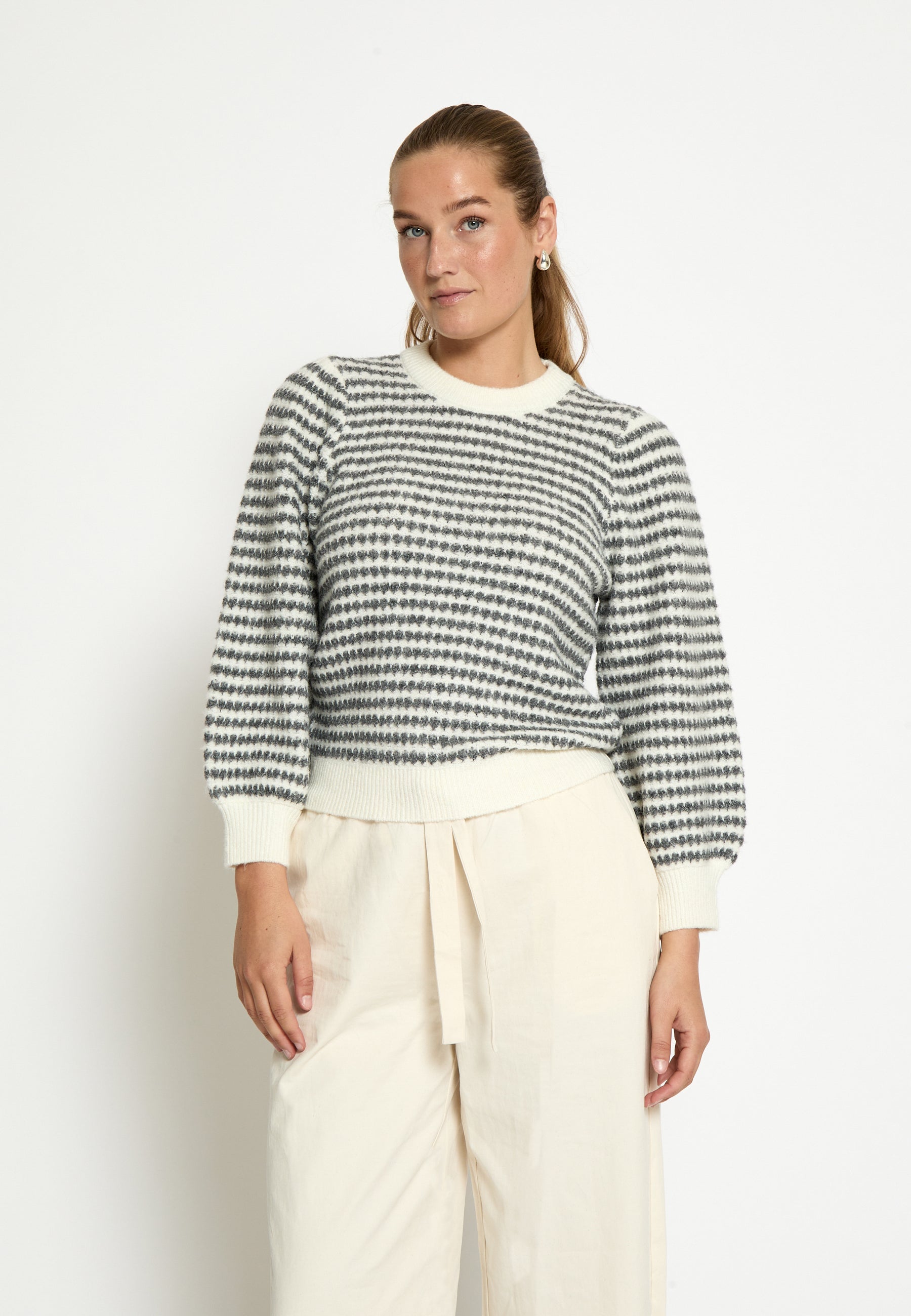 PC7990 Camilla 3/4 Sleeve Striped Knit Pullover - Whitecap Stripe