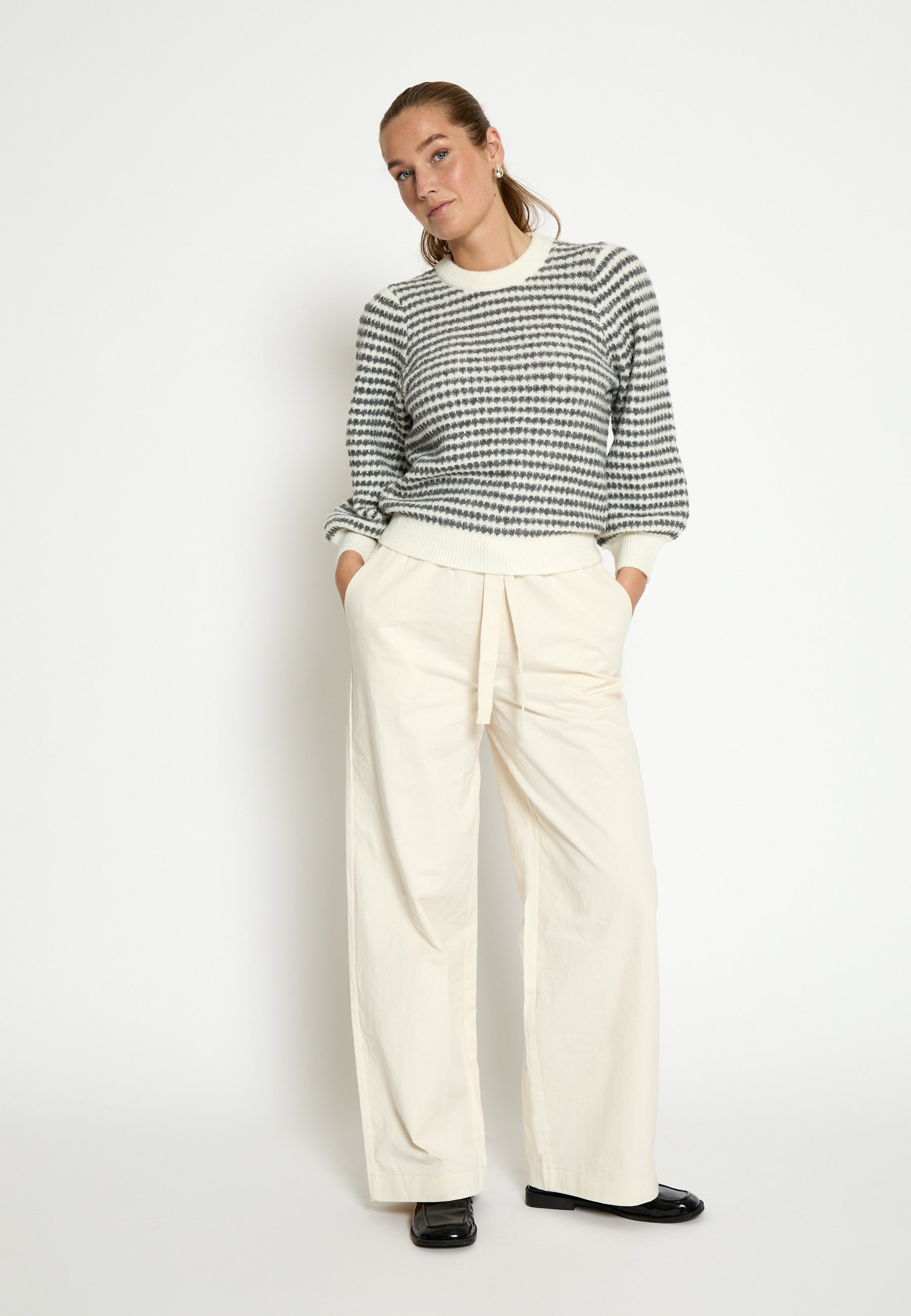 PC7990 Camilla 3/4 Sleeve Striped Knit Pullover - Whitecap Stripe