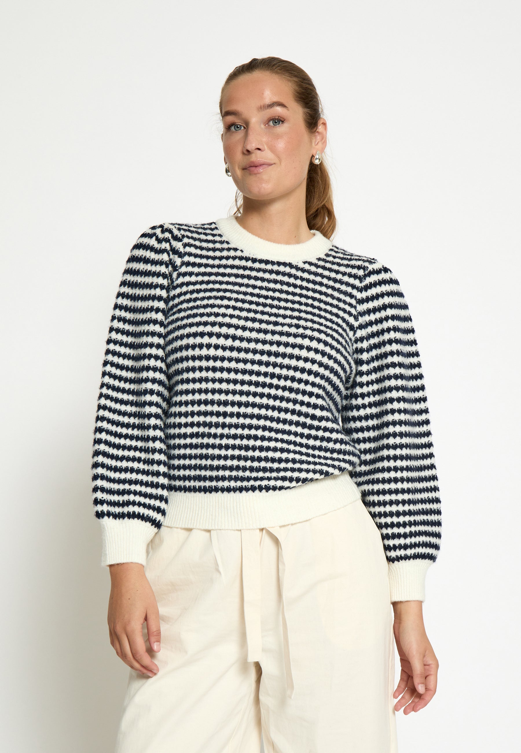 PC7990 Camila 3/4 Sleeve Striped Knit Pullover - Black Iris Stripe