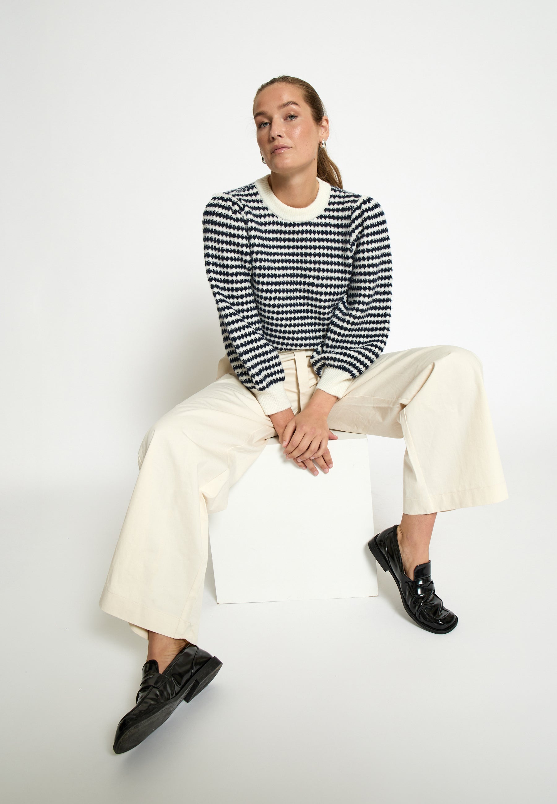 PC7990 Camila 3/4 Sleeve Striped Knit Pullover - Black Iris Stripe