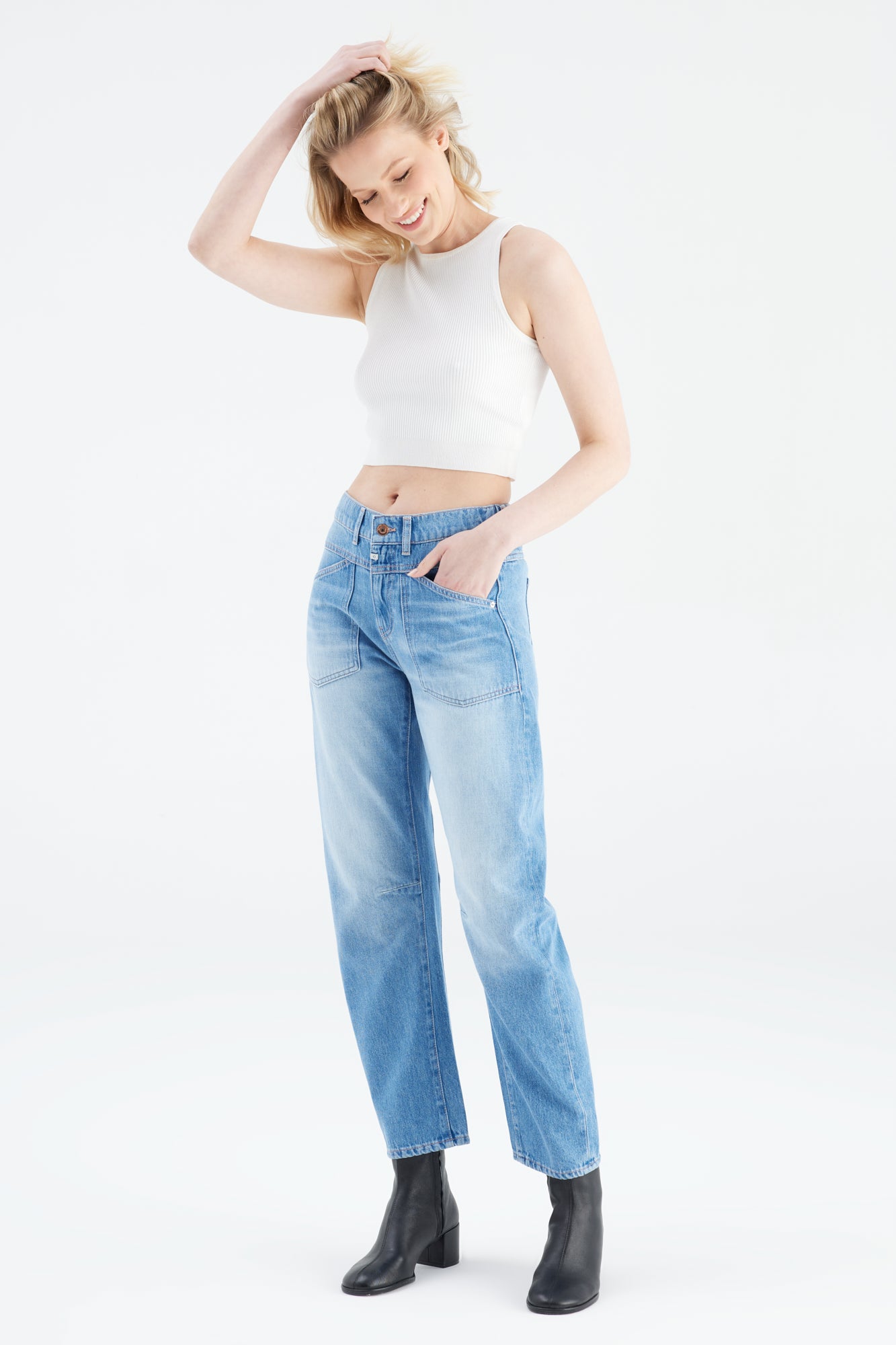 Selena Mid Waist Patch Pocket Ankle Jeans - Medium Blue L01