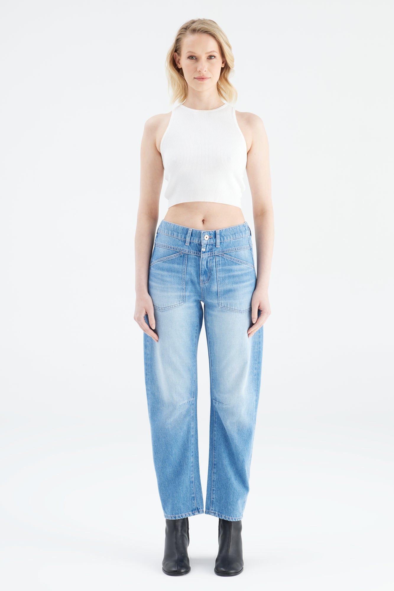 Selena Mid Waist Patch Pocket Ankle Jeans - Medium Blue L01