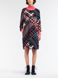 Dress with multicoloured plaid print  -Intense Pink